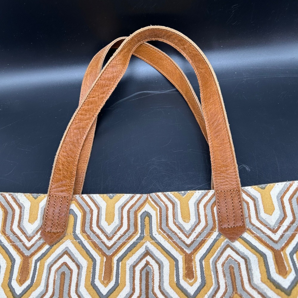 Joyn Purse‎ Tote Cotton With Leather Straps Yellow Geometric  Medium bohemian - Picture 4 of 9